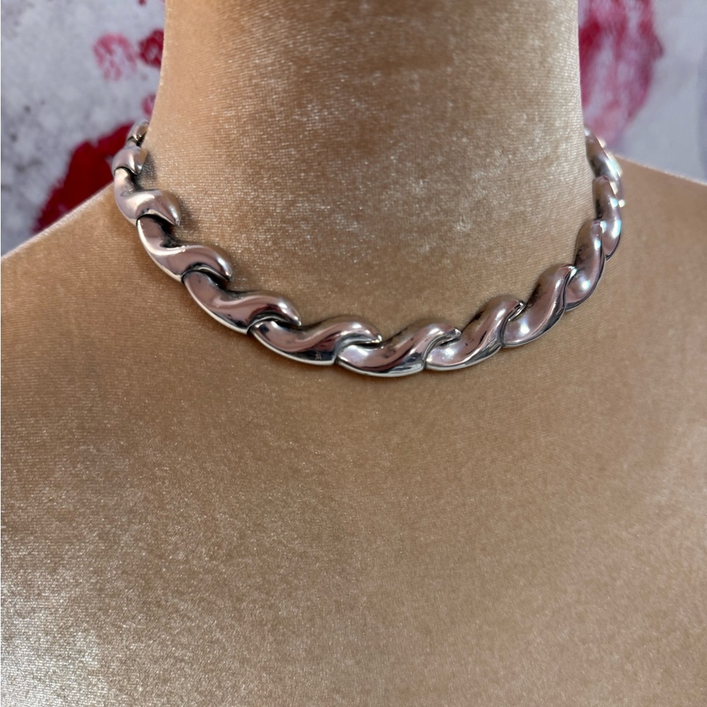Vintage Jondell Polished Silver Wave Link Choker Necklace Estate Jewelry